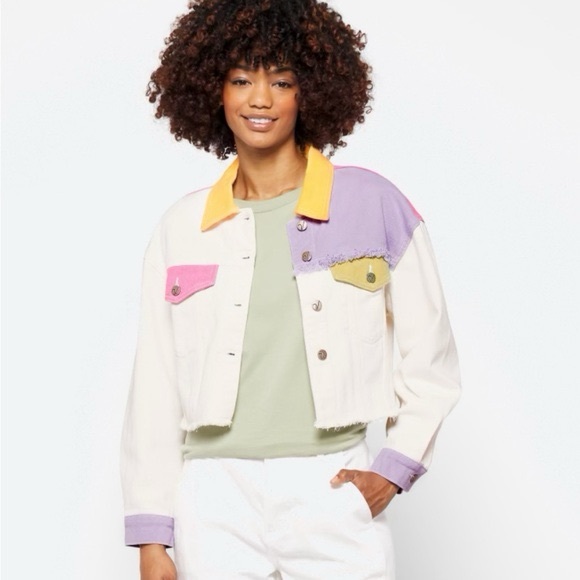 Bershka Color Block Women's Jean Jacket Cropped - Picture 7 of 9